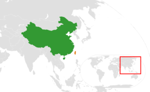 Die Volksrepubliek Sjina word in groen aangedui en die Republiek Sjina in oranje.